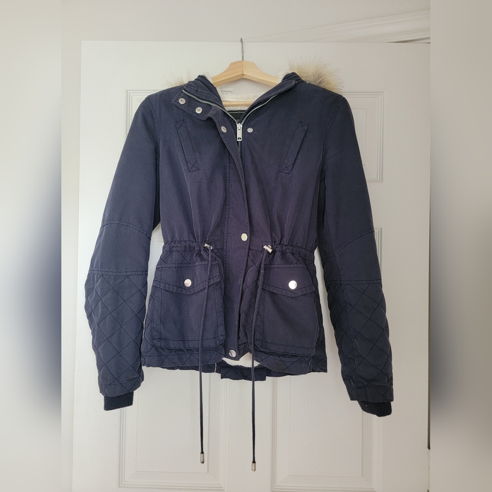 Forever New Women's Utility Jacket - Size 4 - Navy - Detachable Faux Fur Hood